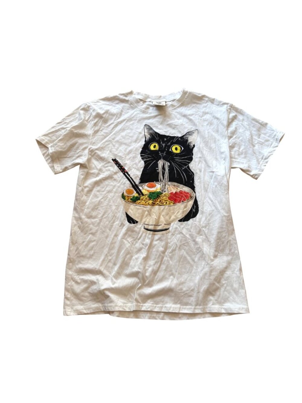 Comfort Colors Unisex Graphic T-Shirt Size L White Black Cat Ramen Kawaii Anime